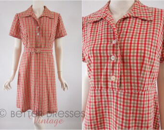 70s Red and Taupe Gingham Shirtwaist - med, lg