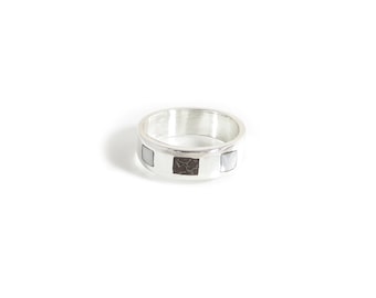Dinosaur Bone Ring - Meteorite Ring - Antler Ring - Fossilized Dinosaur Bone Inlay Ring - Unique Mens Wedding Ring - Three Square Ring Inlay
