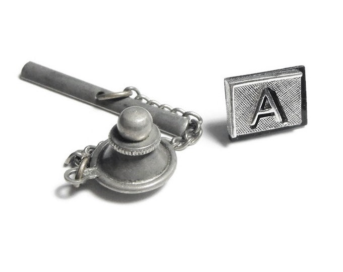 FREE SHIPPING Swank monogrammed Tie tack, monogrammed letter 'A', tie tack pin clip Clasp, rectangular frame on a crisscross background