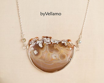 Silver statement necklace with huge druzy agate slice pendant with beautiful orange and brown shades, handmade one of a kind geode slice