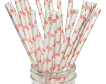 Paper Straw in Coral Pink Polka Dots