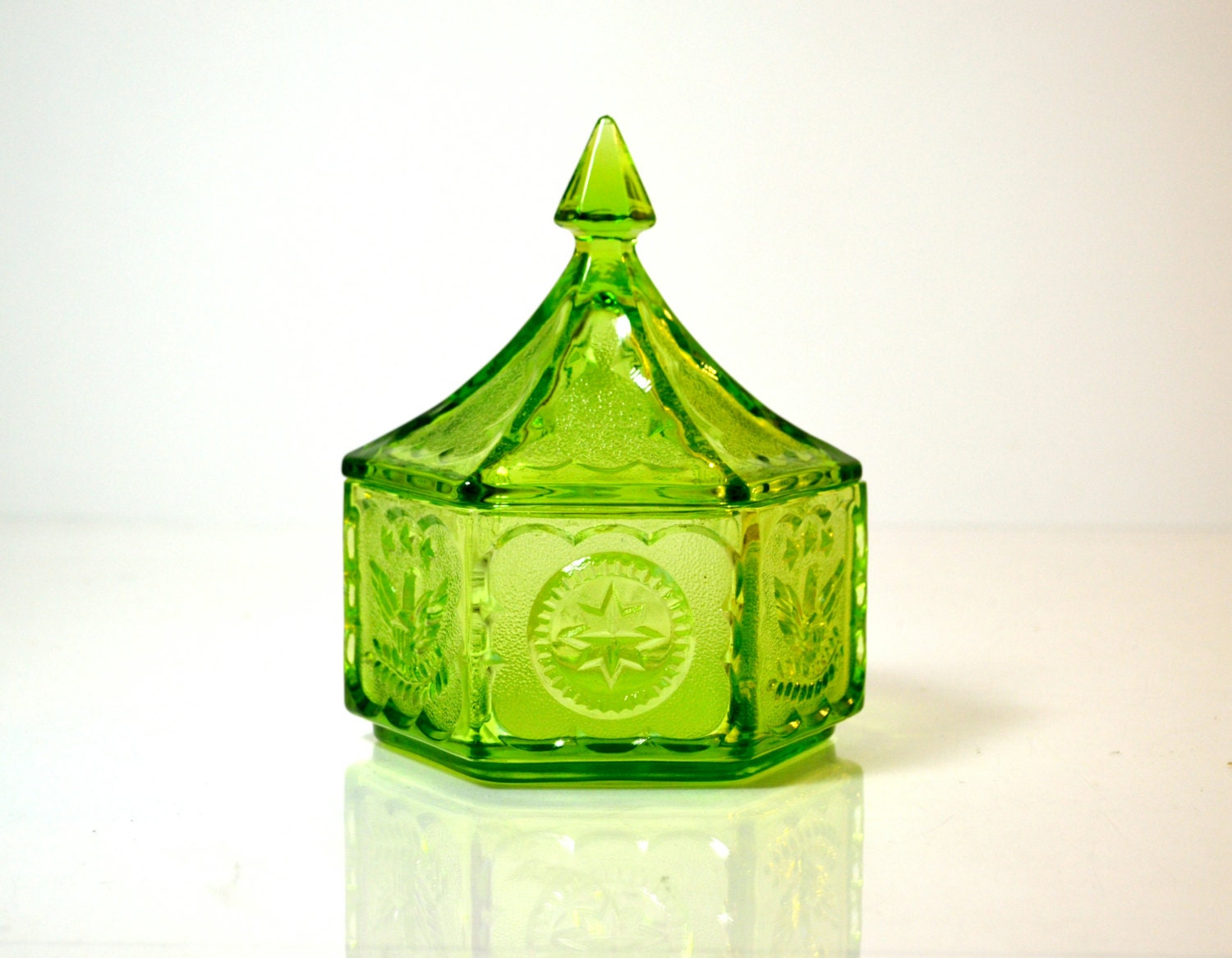 Green Depression Glass Candy Dish with Lid by TreasureMountainNC