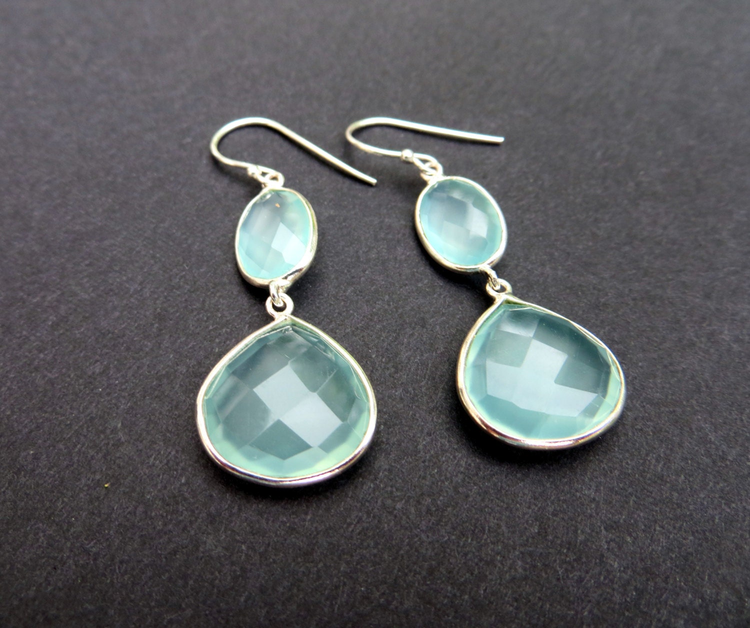 Large Silver Aqua Chalcedony Earrings. Sterling Silver Drop