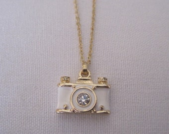 Gold and White Camera Necklace - Rhinestone Camera Necklace - Photographer Jewelry - Travel Jewelry