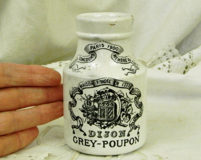 Antique French Grey Poupon Moutarde de Dijon Digoin Mustard Jar, Country Cottage Kitchen Decor from France, Traditional Pottery Pot / Crock