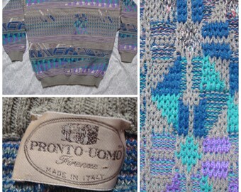 Vintage Retro Men's Pronto Uomo Grey Teal Purple Geometric Made in Italy Knit Sweater Cotton XL