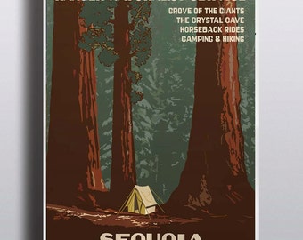 Sequoia National Park Vintage Poster Sequoia Tree Camping Art Print Illustration Nature Print Vintage Poster Wall Decor Wall Art Adventure