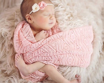 Set: Headband and Aztec Peach Lace knit Wrap or layering fabric, newborn photography prop 18 x 50