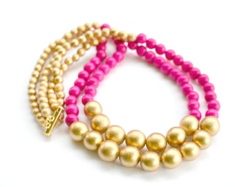 hot pink and gold / hot pink necklace / bridesmaid necklace / hot pink and gold beaded necklace / statement necklace / summer necklace