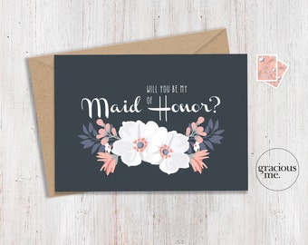 Maid of Honor Card 'Will You Be My Maid of Honor' - Wedding Card, Calligraphy - Blue