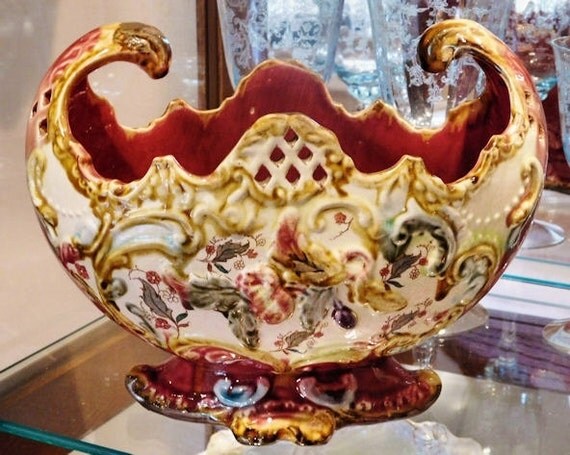 Germany Majolica Jardiniere Planter Art Nouveau Antique Centerpiece GMK Grand Majolica Karlsruhe Grand Ducal Germany Circa 1904 - 1927 Home