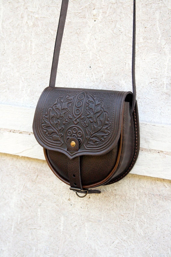 brown chocolate tooled leather bag shoulder bag small