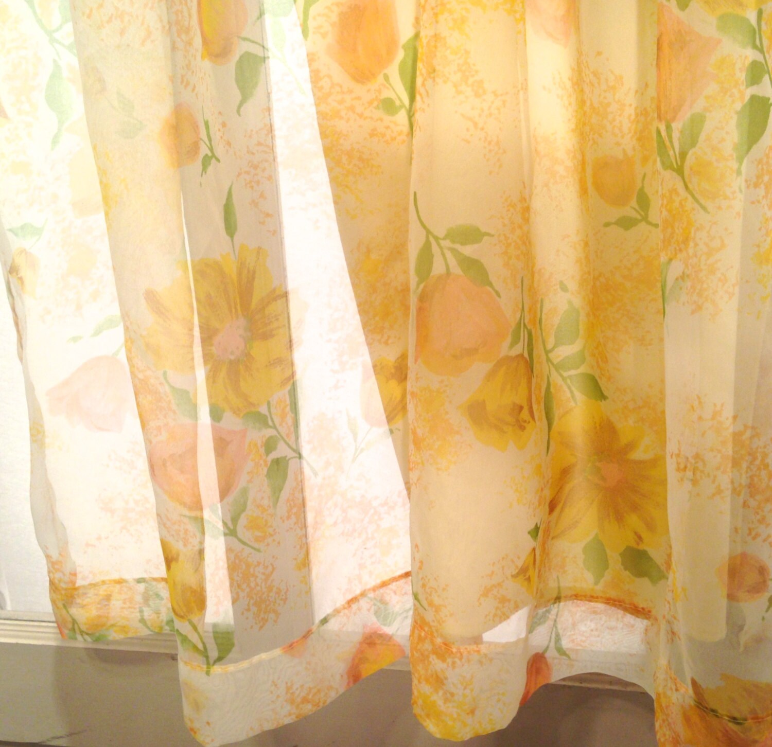 unique retro peach floral CAFE CURTAIN panel layered sheer on