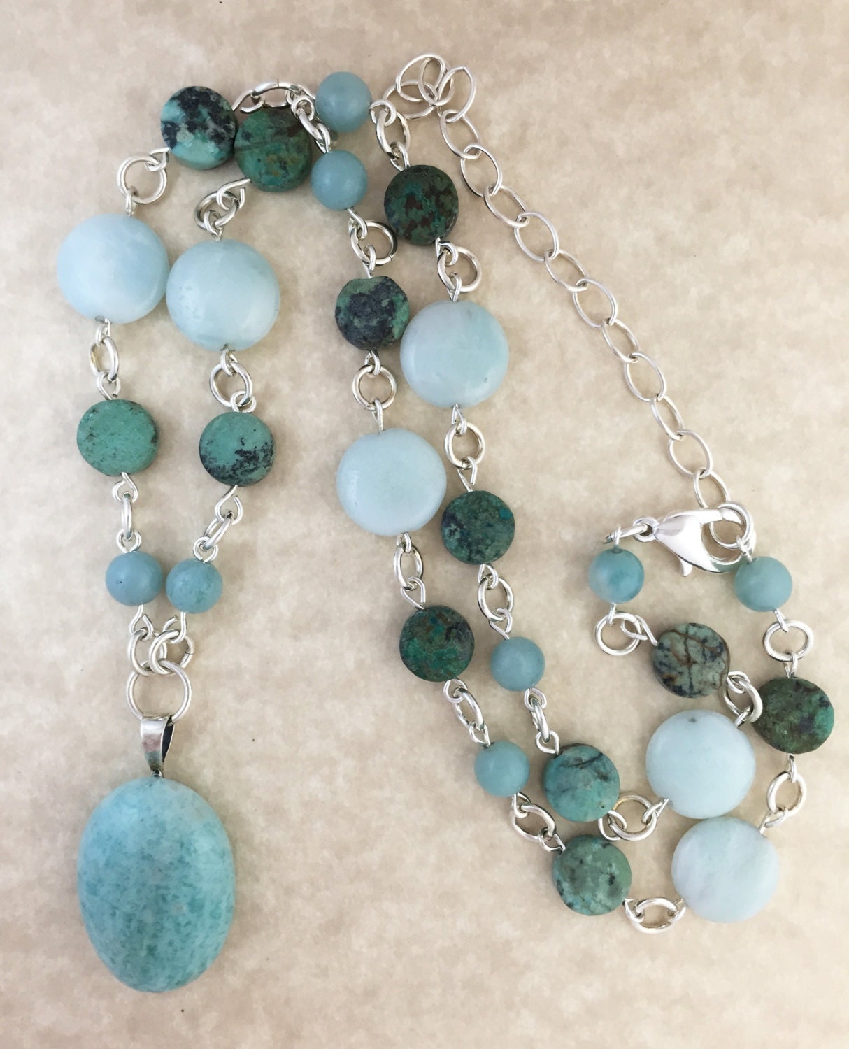 Turquoise Amazonite Pendant Necklace on Beaded Strand of