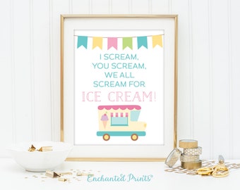 Ice Cream Party Sign - All Scream for Ice Cream - Printable art wall decor - Pastel illustrated art display - Instant download