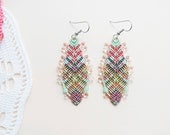Bohemian feathers, micro macrame earrings, free spirit inspired, boho chic - Pastel colors Mint Coral Gray