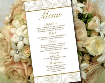 Gold Wedding Menu Card Template - Wedding Reception Menu - "Wild Flower Bouquet" Antique Gold Menu Printable Download - Formal Wedding Menu
