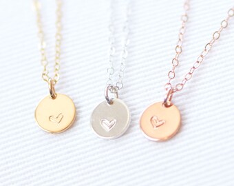 Heart Necklace, Hand Stamped Heart Necklace, Sterling Silver, Gold Filled, Rose Gold Necklace, Circle with Heart Necklace