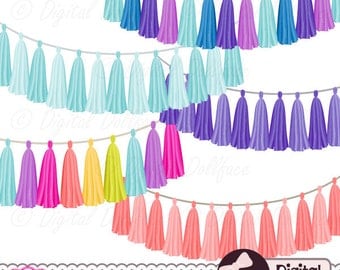 Rainbow Tassel Garland Clipart Bundle, Digital Clip Art, Garland Banner, Graphics