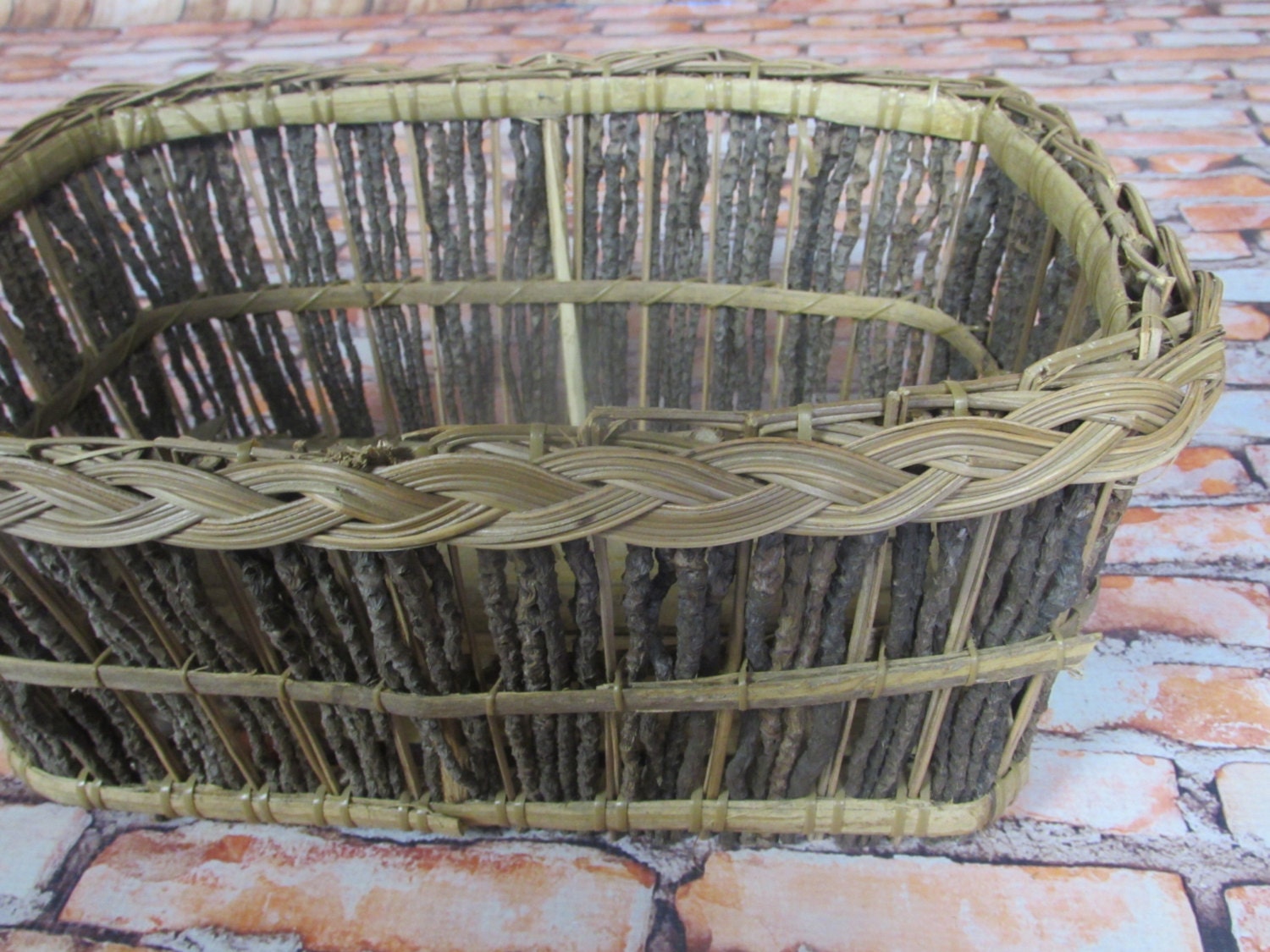 Vintage Basket / Large Ethnic Basket made of Sticks / Woven / Carved