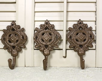 Set of 3 Bronze Wall Hooks, Small Ornate Decorative Hooks, Key hooks, Hand Towel Holder, Bathroom decor, Cup Hooks, Cast Iron Metal Hooks