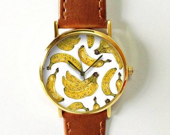 Banana Summer Watch 3, Wrist Watch, Leather Watch, Watches, Mens Watch,Vintage Style, Women Watches, Boyfriend Watch,Yellow Fruit, Jewelry,