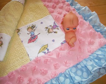 Fairies Vintage Patchwork Blanket, Baby Girl Patchwork Quilt, Fairies Vintage Chenille Bedding, Fairies Chenille Blanket