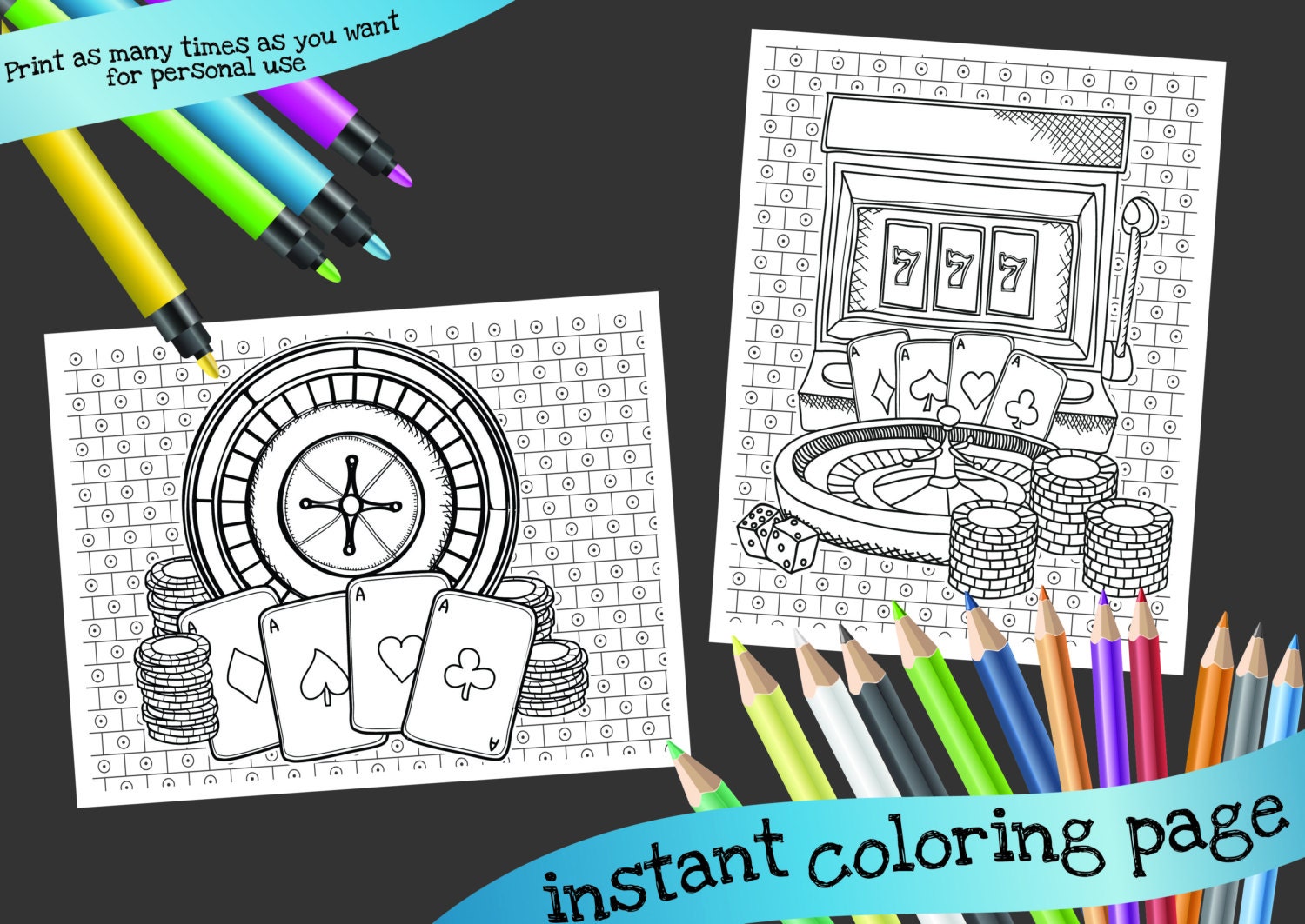 Download Casino theme coloring page printable 2 pack by PlatypusPrintables