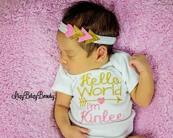 Hello World I'm personalized baby newborn bodysuit arrow headband shower gift set