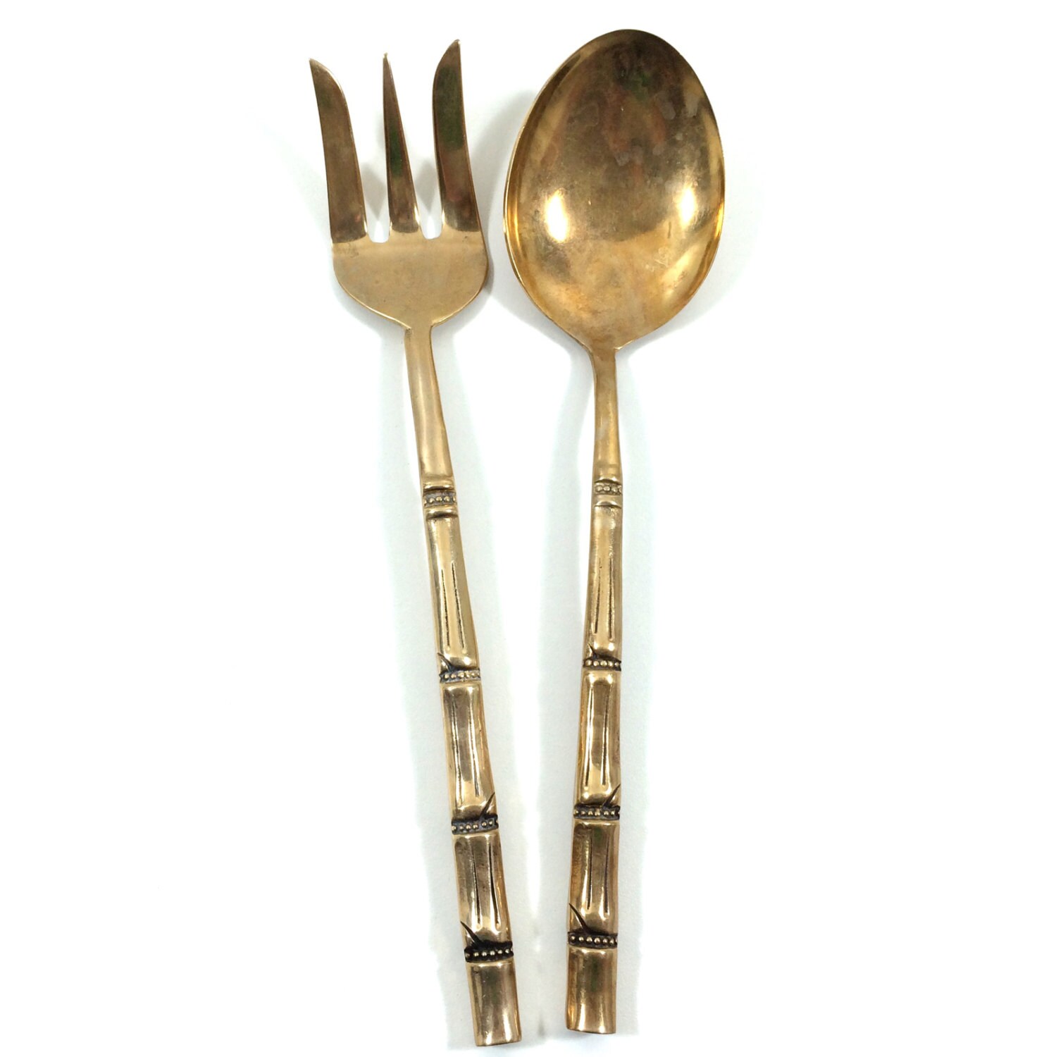 Vintage Brass Flatware Salad Serving Spoon & Fork Set with Bamboo Handle Design, 9.5″ Long
