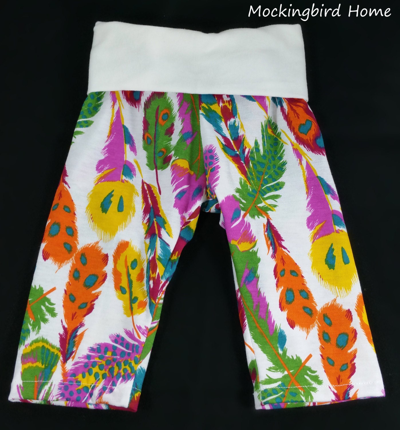 Baby yoga pants. Multi color feather. 36 by MockingbirdHome
