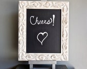 Chalk Board Easel Set-Up Cycled Ornate Carved Wood-Frame Distress Paint White Silver-Easel Silver-8" x 10"-Vinyl Chalkboard Chalk Board Easel Set-Up Cycled Ornate Carved Wood-Frame Distress Paint White Silver-Easel Silver-8" x 10"-Vinyl Chalkboard