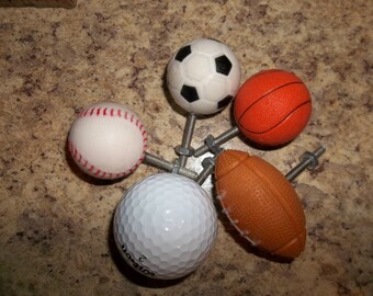 Handcrafted Football, Baseball ,Basketball , Soccer, or Golf ball cabinet knobs/drawer pulls