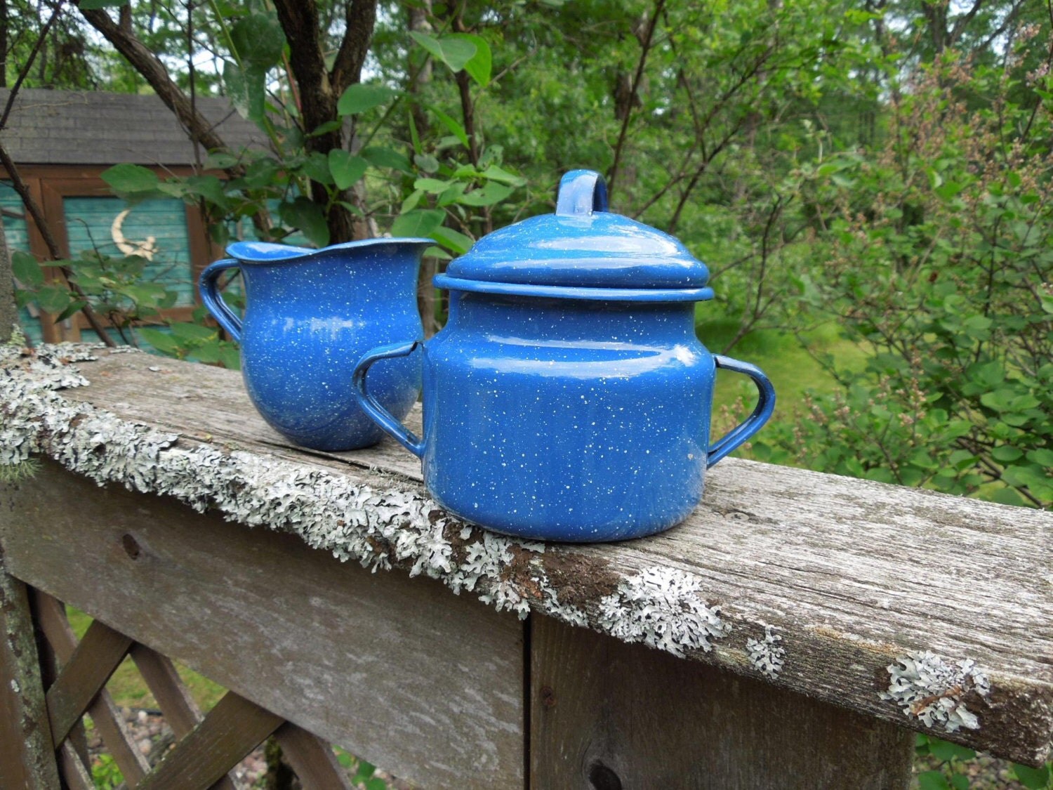 Enamelware sugar bowl & creamer Royal blue enamel cottage