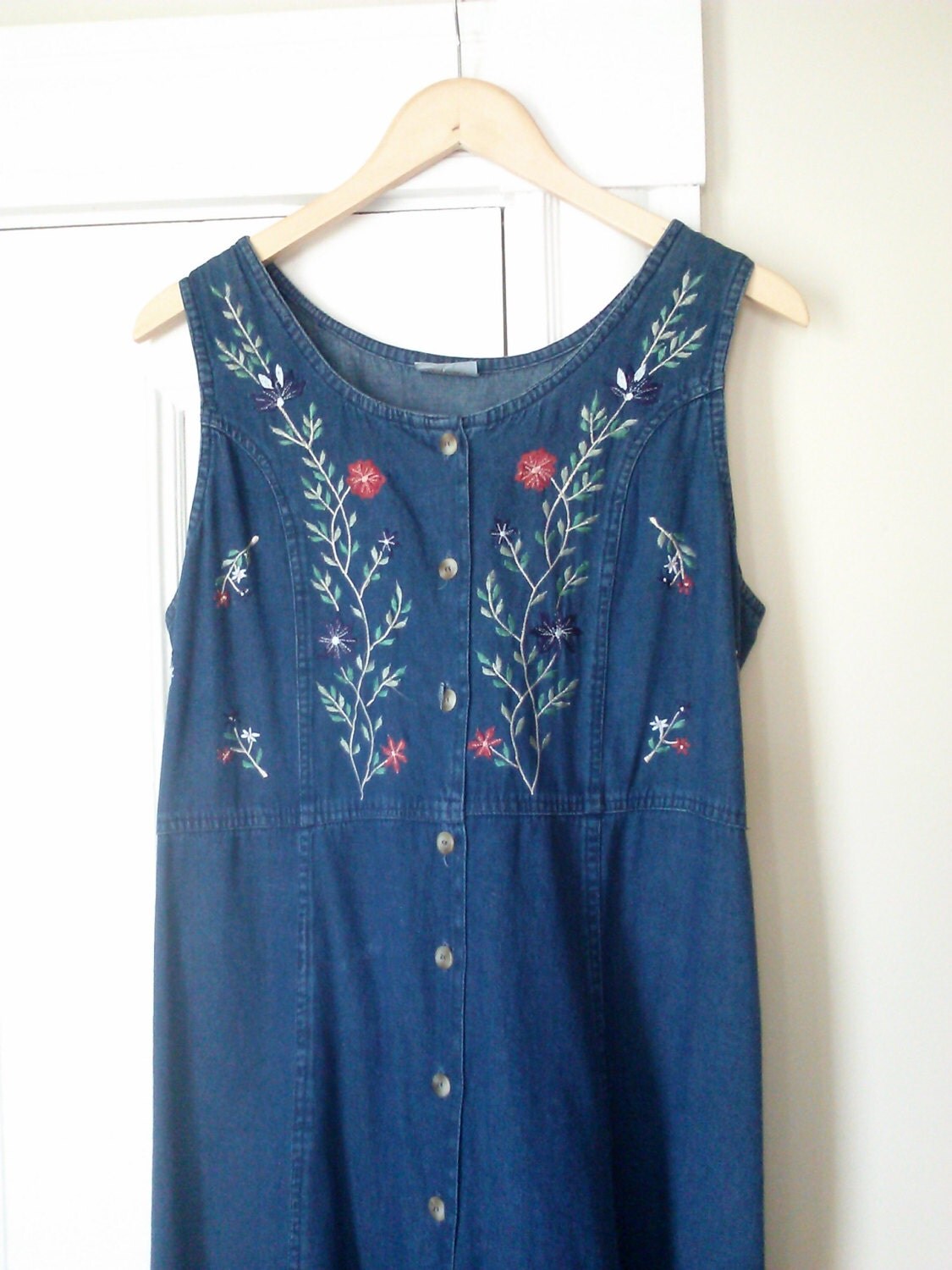 Vintage Denim Embroidered Jumper Dress / Sleeveless / Magic