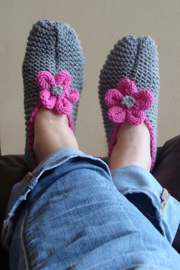 PATTERN 77: Knit Flower Slippers With embellishing by IKnit4aCure