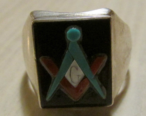 Zuni Sterling Silver Inlay Masonic Ring Size 12