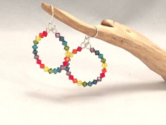 Rainbow Earrings Crystal Multi-Colored Hoops Rainbow Hoop