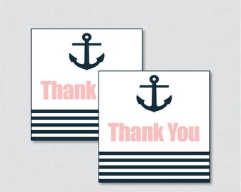 Printable Nautical Baby Shower Favor Tags Thank You Tag in Pink and Navy - Instant Download - Anchor Stripes Nautical Girl 0029-P