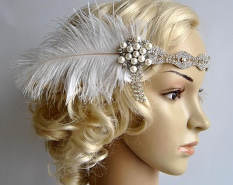 Rhinestone Headband headpiece with feathers, Great Gatsby Headband, Wedding flapper headband,1920s Bridal rhinestone hair piece, prom