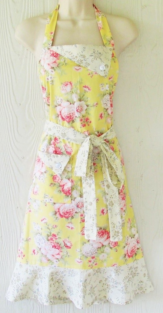 Retro Floral Apron Yellow Cottage Chic Roses Vintage 