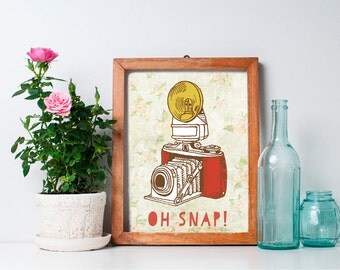75% OFF SALE - Oh Snap Camera Print - 8x10 Vintage Camera, Photography Quote, Retro Camera, Printable Art, Retro Art, Wall Art