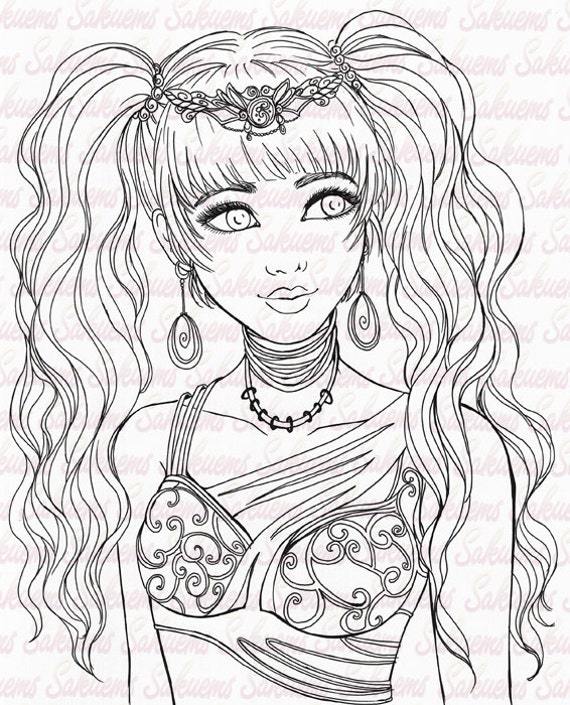 Digital stamp Fantasy portrait manga girl  long  hair  princess
