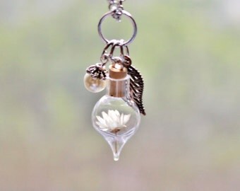 Pearl Jewelry Ivory Flower Terrarium Necklace July Birthstone Birthday Gift Unique Nature Gift Summer Miniature Glass Bottle Necklace Charm