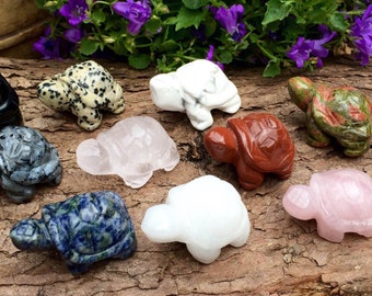 Crystal Healing - Carved Gemstone Turtle Ornament, Healing Crystals and Stones, Rose Quartz, Clear Quartz, Jasper, Obsidian