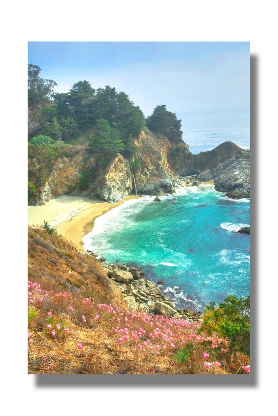 big sur waterfall onto beach