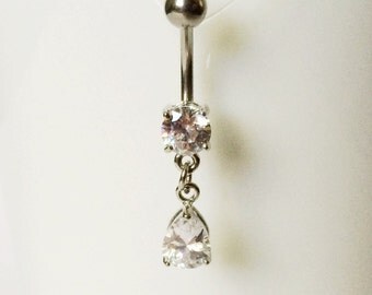 Silver Clear Crystal Tear Drop Navel Piercing 14 Gauge(BPC-26),Belly Ring,Body Jewelry,316L Surgical Steel,Dangle, Silver Belly Piercing