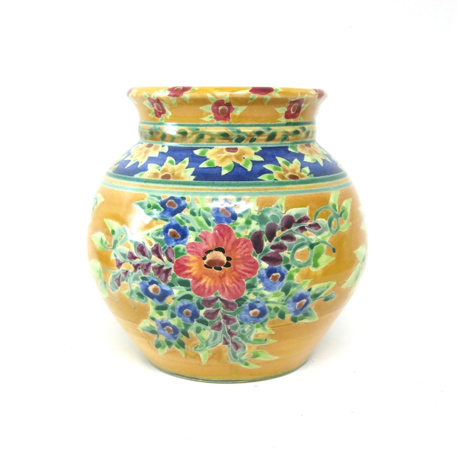 Yellow Ceramic Vase Large Round Ceramic Floral by SandyKreyer