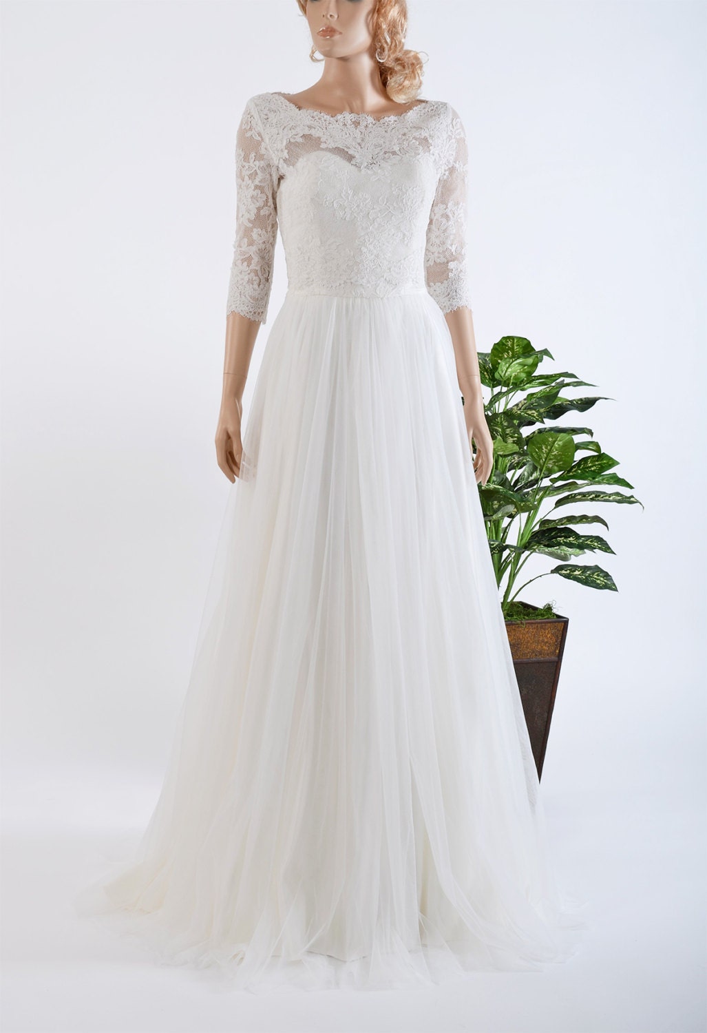 Lace wedding dress with 3/4 sleeve lace bolero by ELDesignStudio