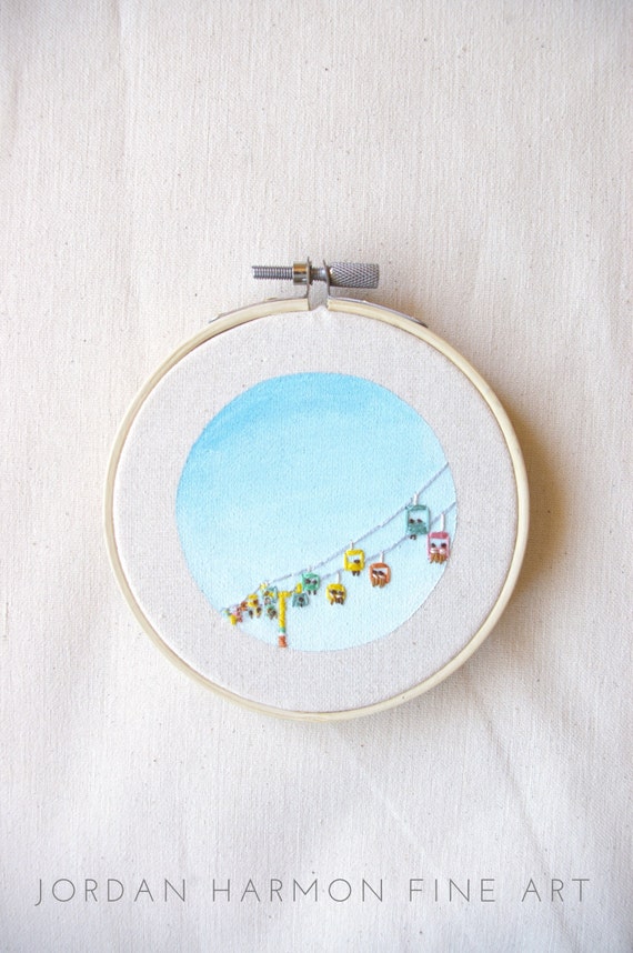 Santa Cruz Beach Gliders, embroidery art, small beach artwork, wall art, minimalism, fairgrounds, fair, rides